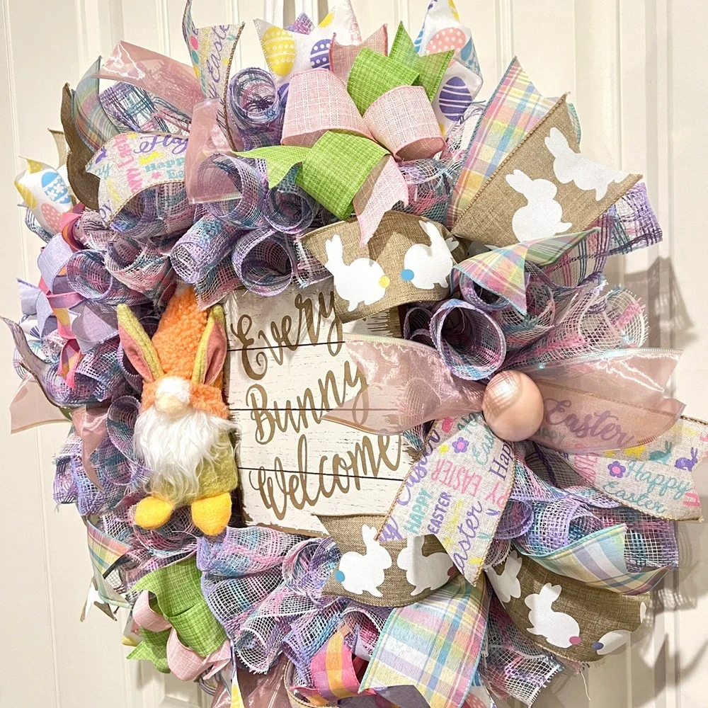 23” Easter Ribbon Wreath Bunny Gnome in Pink, Purple & White Handmade W6
